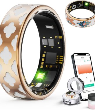 Smart Ring for Women Man, Health Fitness Tracker, IP68 Waterproof Sleep Monitoring with Charging Case and Ring Protector, Remote Photography, No Subscription Fee for iPhone & Android (Rose Gold, 7#)